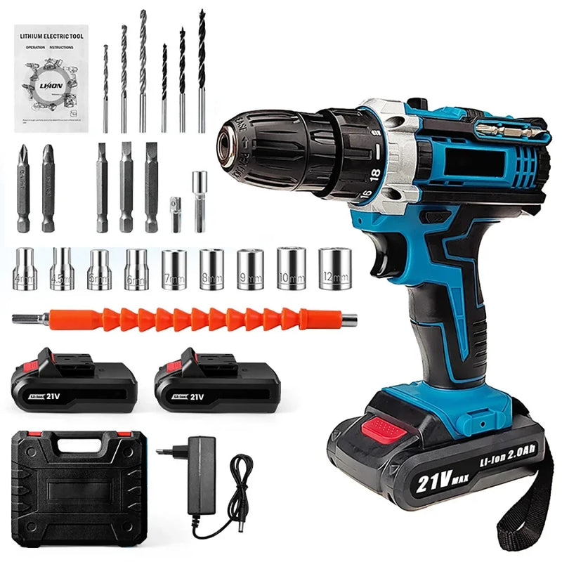 21V Cordless Electric Impact Drill Screwdriver 1600rpm High Speed Drills Rechargeable 32 Torque Household Drill Power DIY Tools