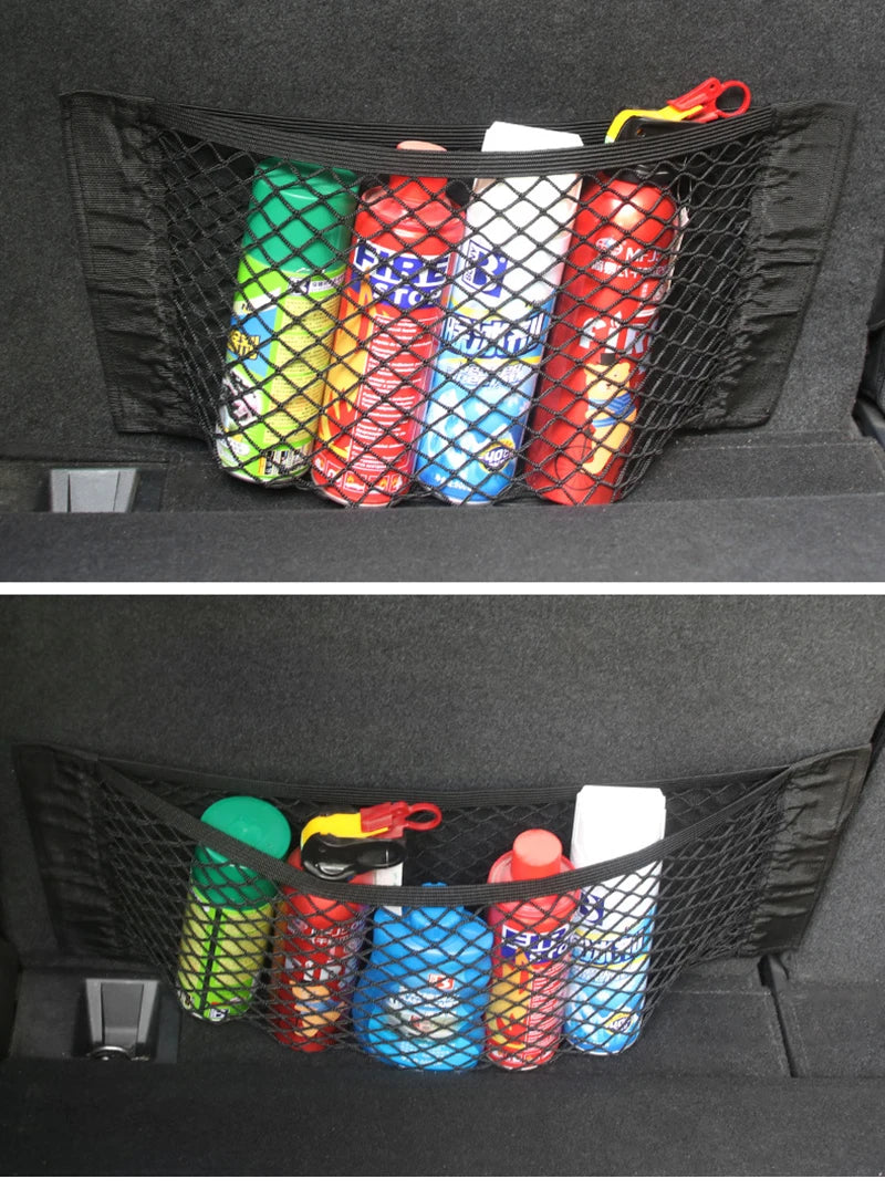 Car Seat Back Organizer Trunk Net Mesh Pocket Elastic String Net Magic Sticker Universal Portable Storage Bag Car Accessories