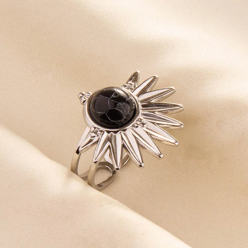 1pc Boho Turquoise Ring Stainless Steel Black Stone Silver Color Adjustable Ring Women Ethnic Ring Bohemian Jewelry Gift No Fade