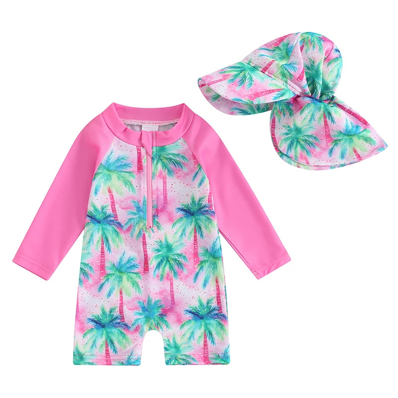Traje de baño Tregren para niños pequeños, de manga larga, con estampado de tortuga y dinosaurio, con gorro de baño y ropa de playa.