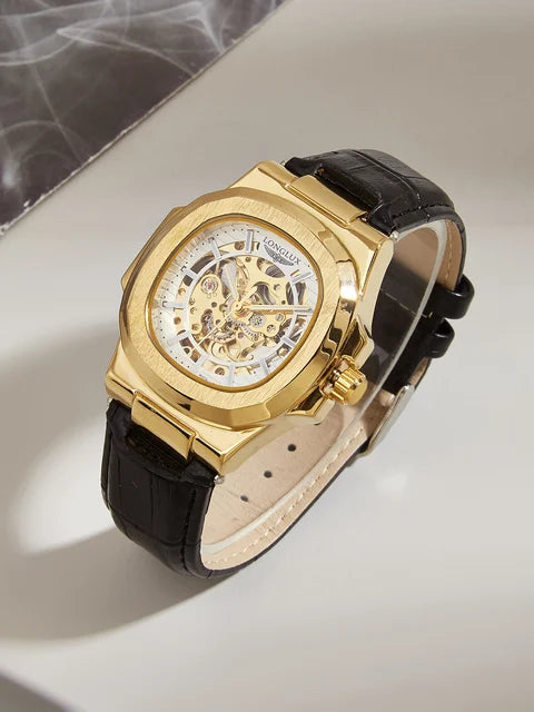 Reloj automático LONGLUX estilo deportivo, venta al por mayor, relojes de pulsera mecánicos de moda, reloj hueco de cuero para hombre, regalo 