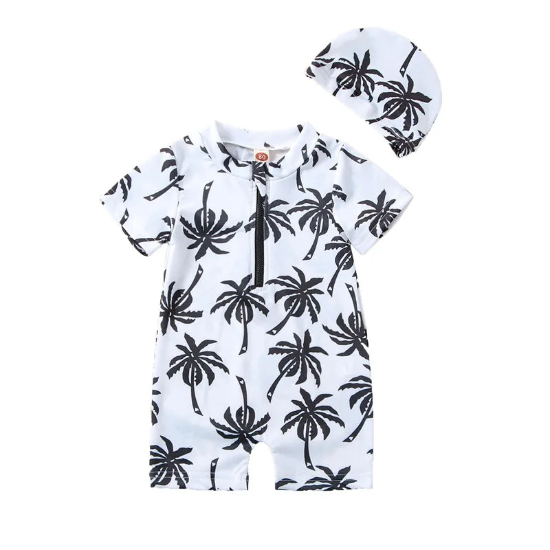 Newborn Baby Infant Boys Swimsuit with Hat Cartoon Tree Print Short Sleeve Round Neck Half Zipper Jumpsuit Bathing Suit