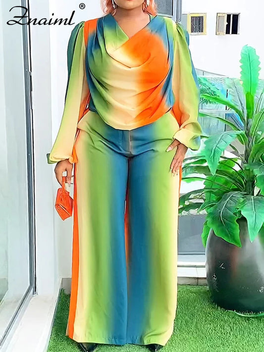 Conjunto de dos piezas de top con mangas farol y pantalones anchos de Znaiml con estampado de degradado de arcoíris para mujer, elegante conjunto para oficina y fiesta de cumpleaños.