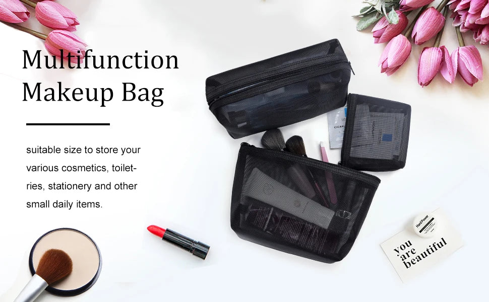 Aosbos 3-Pack Mesh Cosmetic Bag Set - Travel/On-The-Go Makeup Storage, Zipper Closure Small Pouch