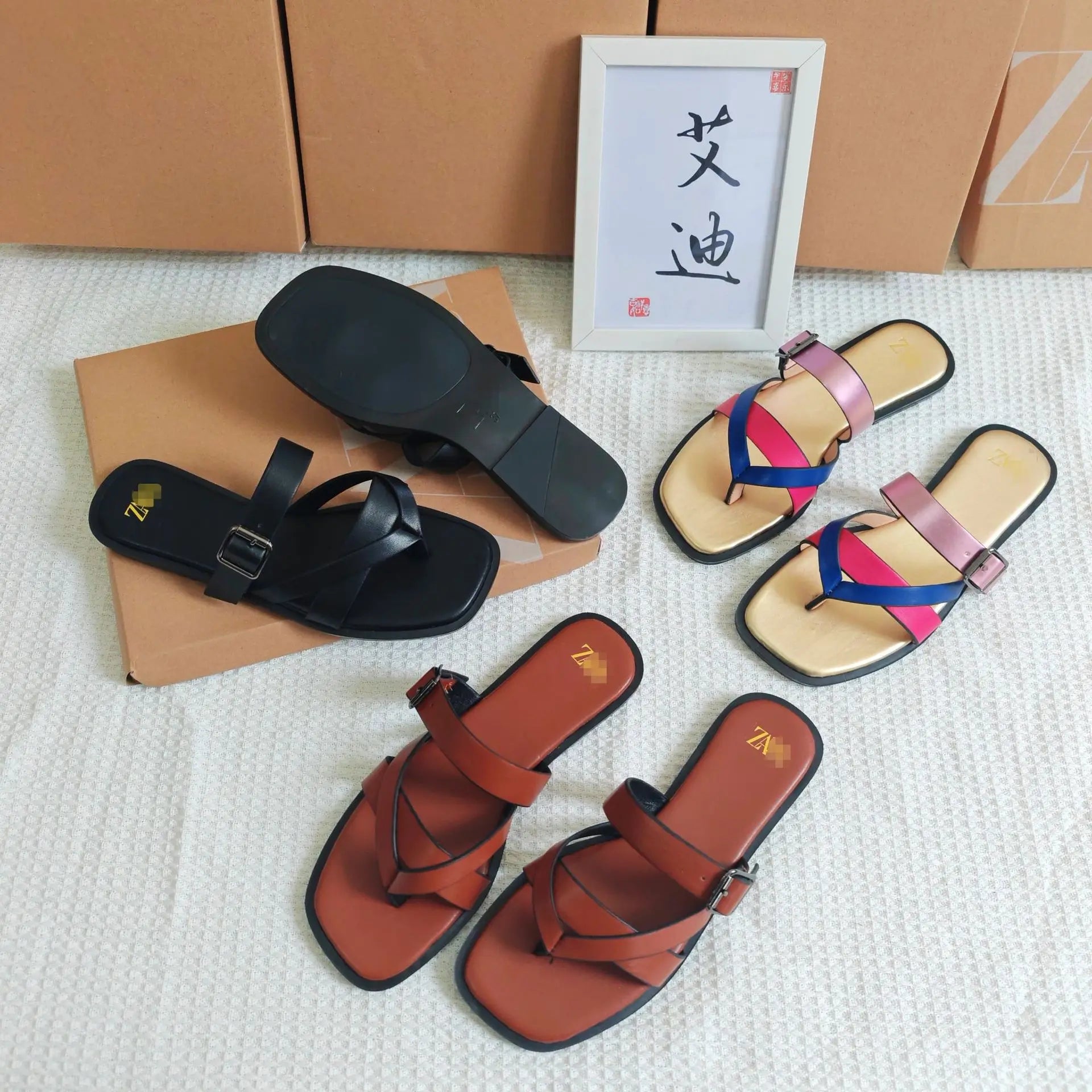 Women's Flat Sandals Crossbody Slip-On Casual Shoes Synthetic Leather Upgraded TPR Lightweight Wear-Resistant Flats