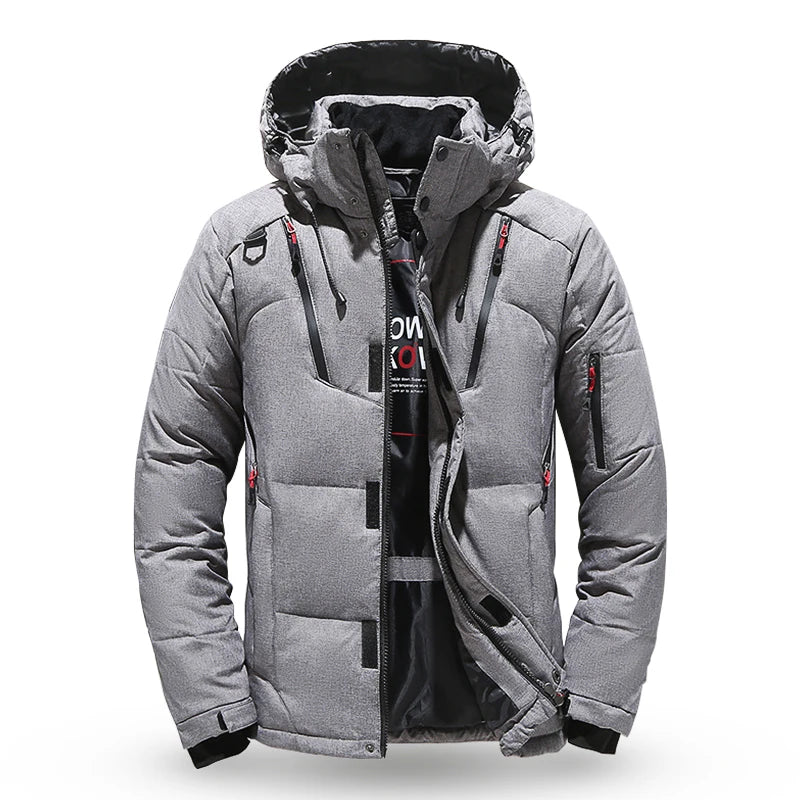Chaqueta de plumón para hombre, abrigo de invierno de pato blanco, parka cálida y resistente al viento, para viajes y acampadas, nueva, gruesa, de color sólido, con capucha.