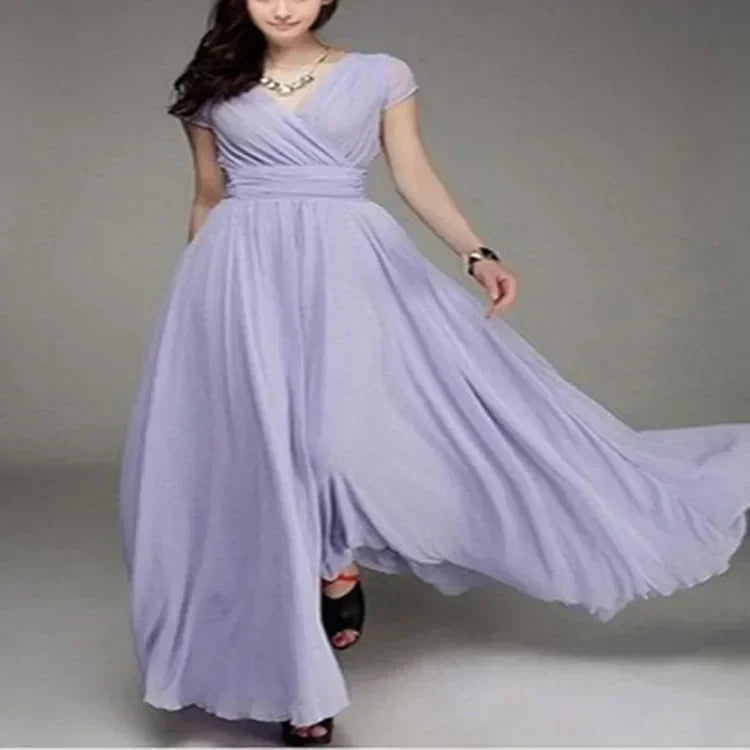 2026 Women's V Neck Short Sleeve Evening Party Dress Temperament Solid Colour Long Cocktail Chiffon High Waist Summer Dresses