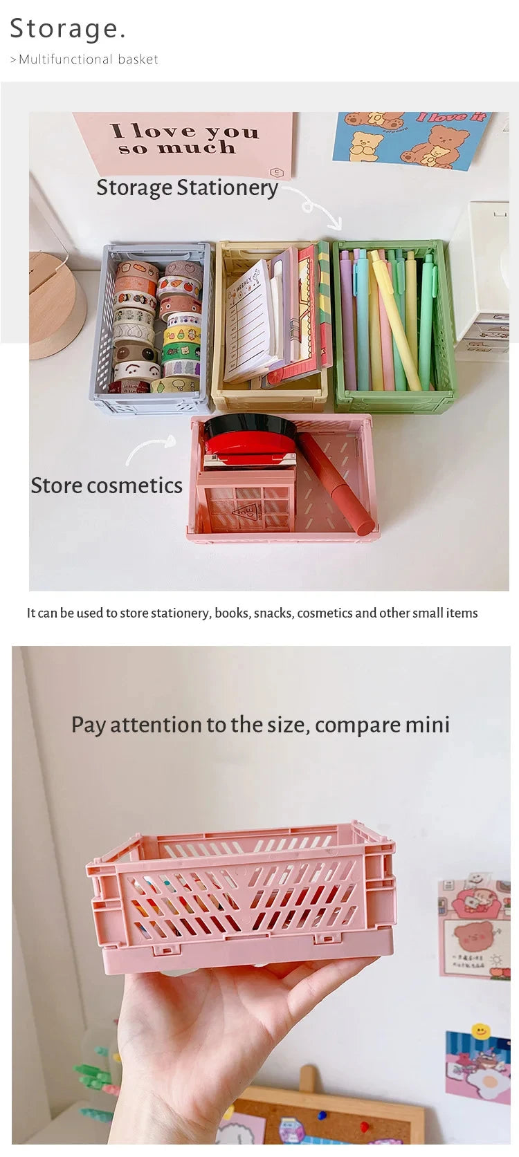 6 Color Organizing Storage Baskets Case Folding Student Desktop Basket Tape Stationery Plastic Foldable Container Storage Box