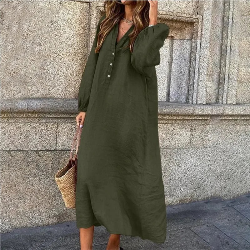 Vestido de algodão e cânhamo feminino, robe de manga comprida, decote em v, meio aberto, monocromático, casual, elegante, tamanhos grandes, moda verão, 2022