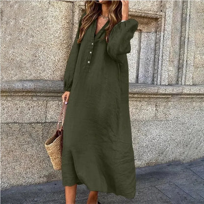 Vestido de algodão e cânhamo feminino, robe de manga comprida, decote em v, meio aberto, monocromático, casual, elegante, tamanhos grandes, moda verão, 2022
