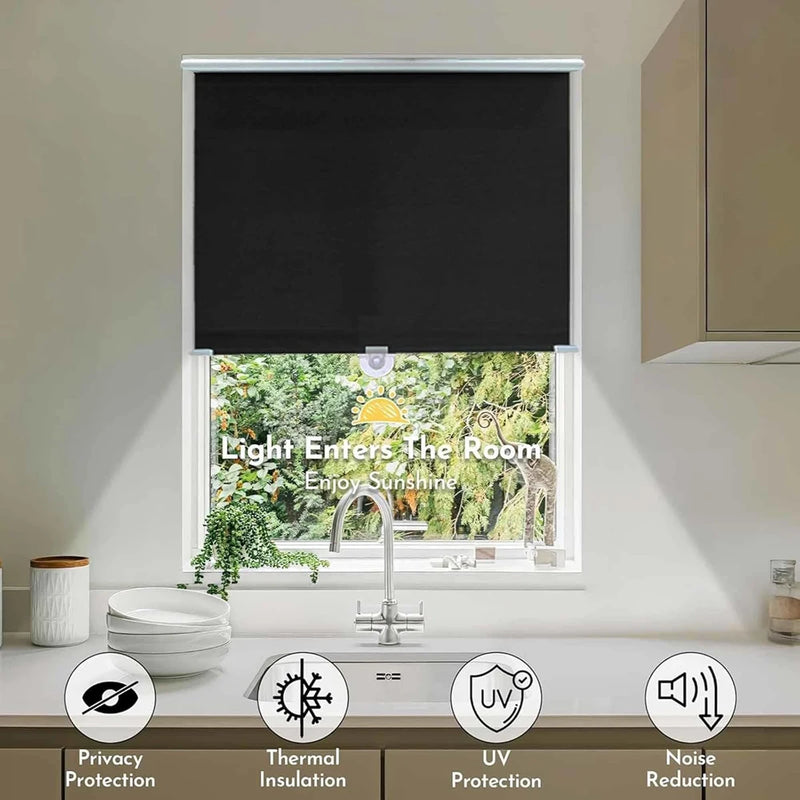Cordless Retractable Roller Shades Black Home Office Windows Sunshade Thermal blinds without drilling blackout curtain