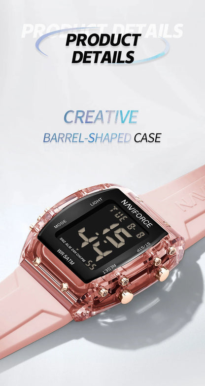 Relojes NAVIFORCE para mujer, con movimiento digital LCD, reloj de moda para mujer, resistente al agua hasta 50 m, correa de silicona, relojes de pulsera deportivos electrónicos.