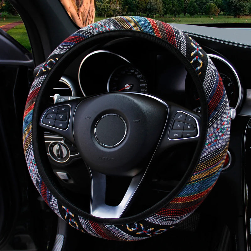 1 linen breathable fabric Bohemian style automotive supplies without inner ring steering wheel cover fits 14.5-15 inches