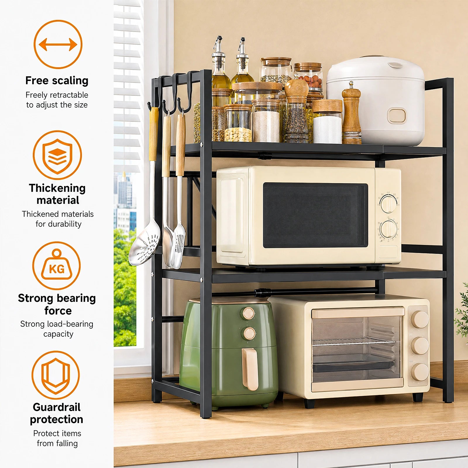 3-Tier Microwave Oven Rack Shelf Kitchen Countertop Oven Rack Expandable Seasoning Storage Rack Stand Storage Tableware Racks