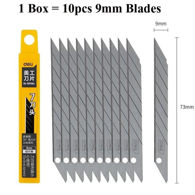 Deli 10pcs/box Knife Blade 9mm 18mm SK5 Metal Blades for Home School Supplies Art Craft Paper Box Cutting Utility Knife Tool