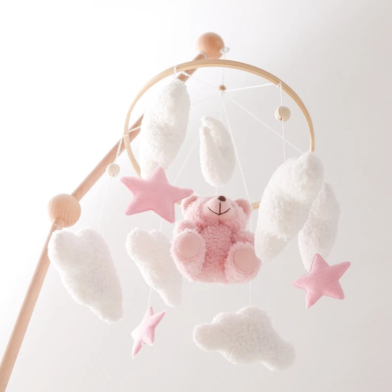 Baby Crib Mobile Rattle Toy Wooden Bed Bell Mobile Hanging Teddy Velvet Bear Doll Toy Newborn Music Box Crib Mobile Bracket Gift
