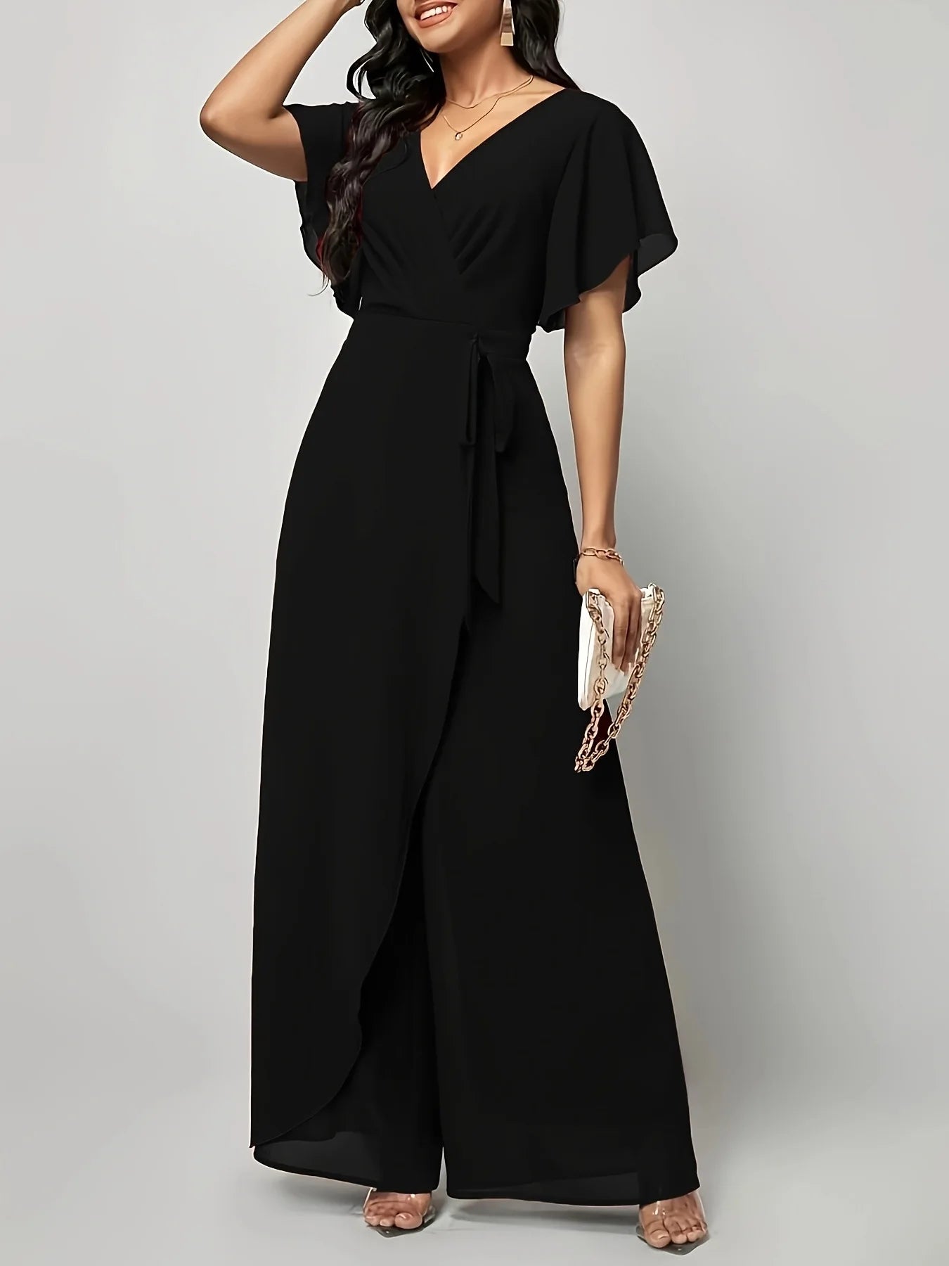Women's New Solid V Neck Flutter Sleeve Tie Waist Split Wide Leg Jumpsuit Elegant Slimming Versatile Party Daily Casual Jumpsuit