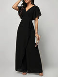 Women's New Solid V Neck Flutter Sleeve Tie Waist Split Wide Leg Jumpsuit Elegant Slimming Versatile Party Daily Casual Jumpsuit
