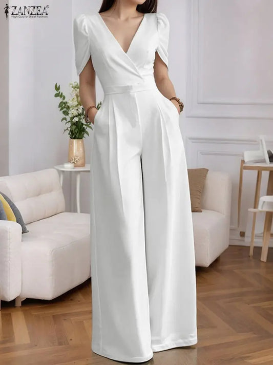 ZANZEA Street Fashion High Waist Jumpsuits Women Workwear Belt Rompers Solid Deep V Neck Elegant Office Lady Long Overalls