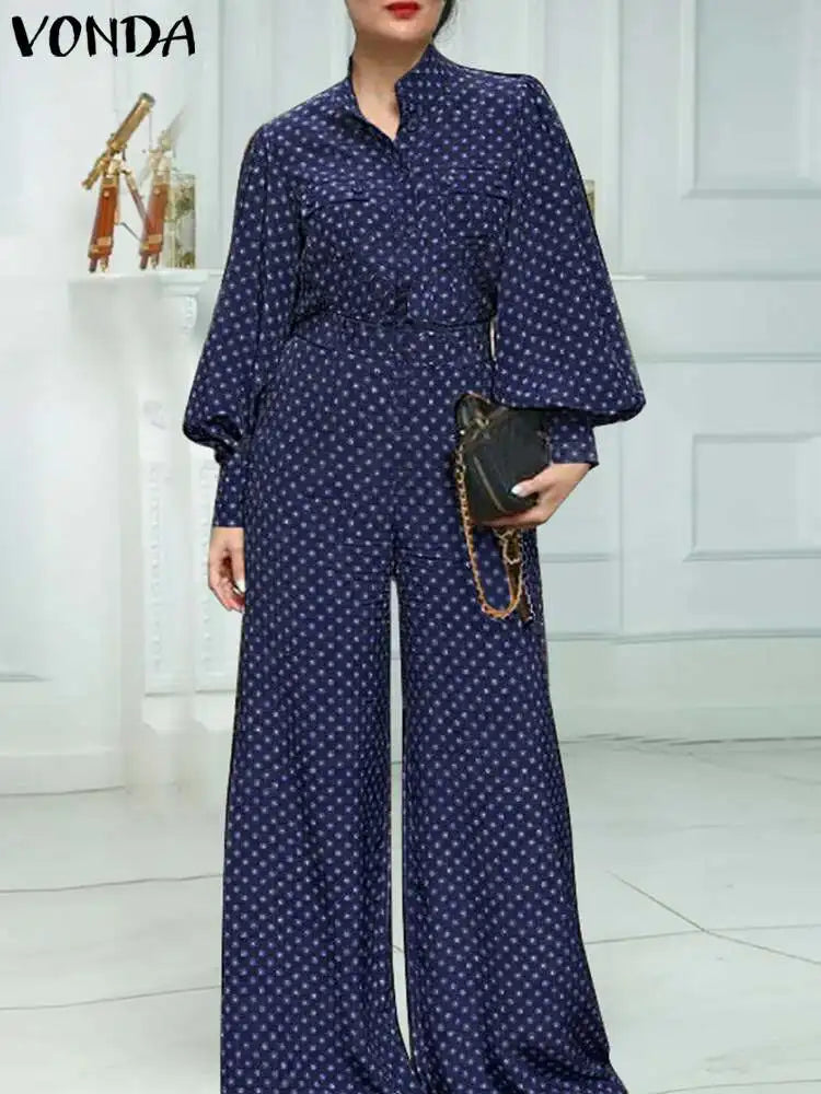 Plus Size 5XL VONDA Elegant Jumpsuist Women 2024 Autumn Polka Dot Rompers Long Lantern Sleeve Casual Long Overalls Playsuits