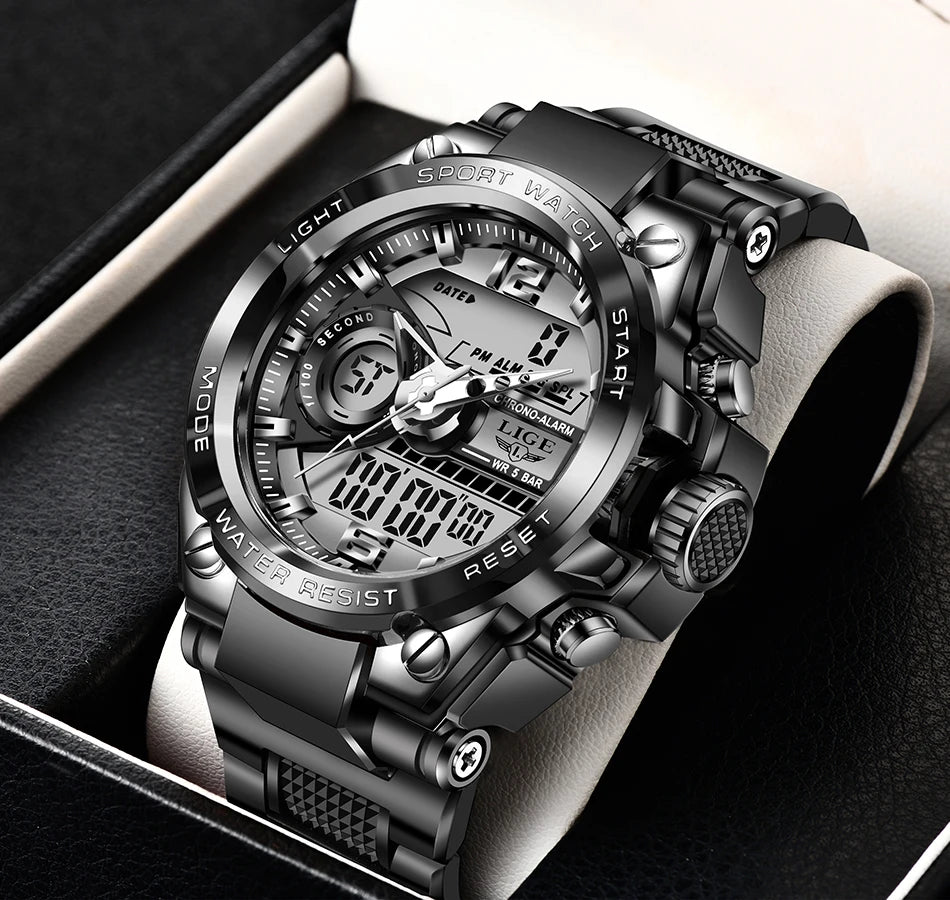 Reloj militar LIGE para hombre, digital, resistente al agua hasta 50 m, LED, de cuarzo, deportivo, grande, Masculino