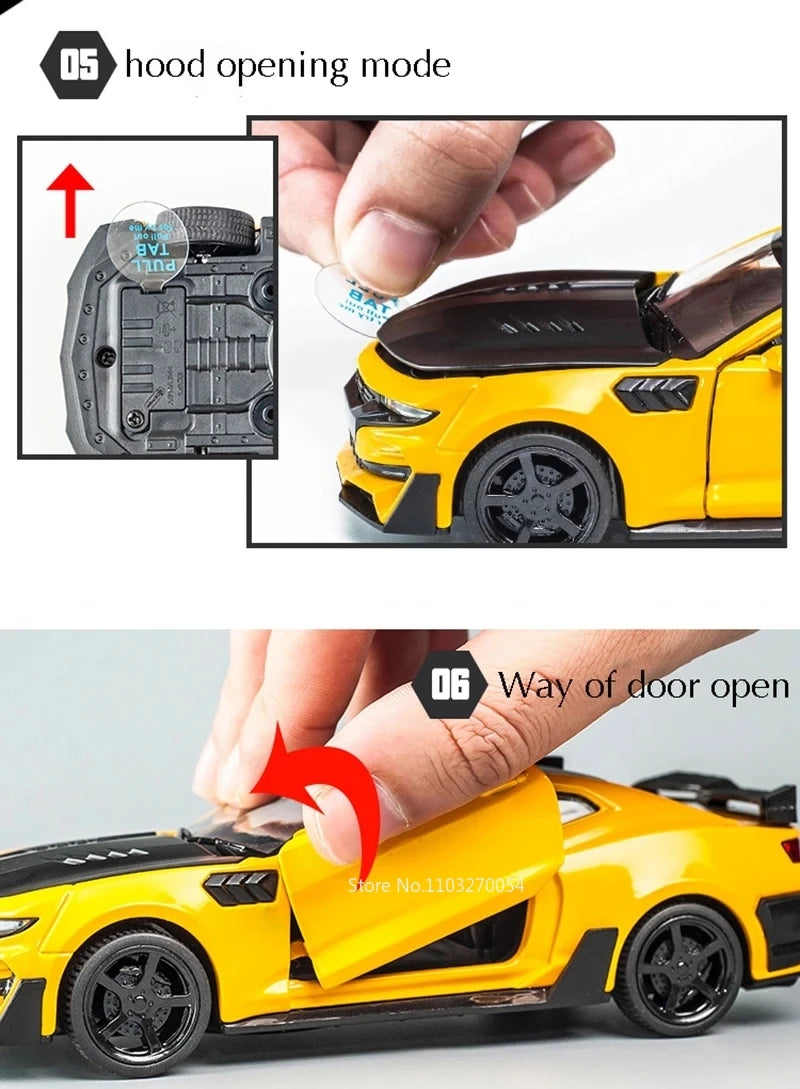 Scale 1/32 Camaro Toys Model Car Alloy Metal Diecast With 4 Door Opened Sound Light Pull Back Vehicle for Boy Gift Collection