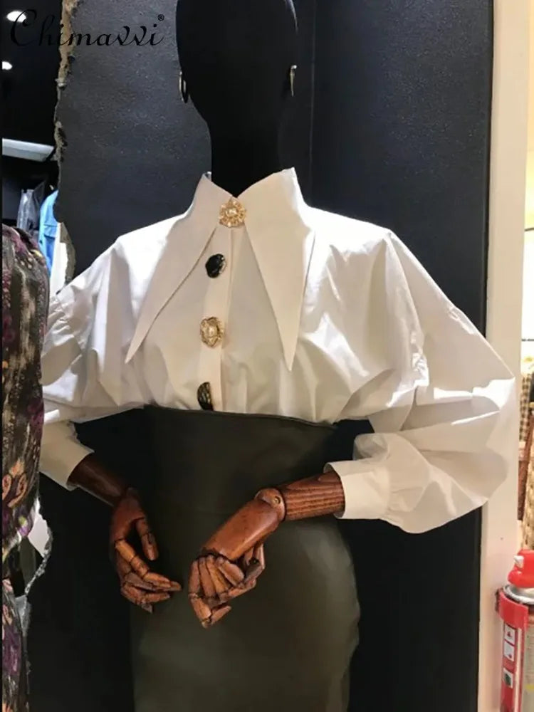 2025 Casual Long-sleeve Shirt Women New Fashion Turn Down Collar Big Button Retro Blouse Female
