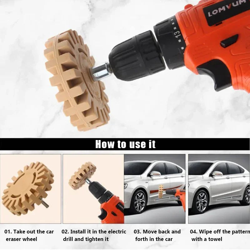 Borrador de coche, removedor de adhesivo para ruedas, adaptador de taladro eléctrico suave para llantas de goma, reparación de pintura, herramienta para quitar calcomanías de vinilo de goma