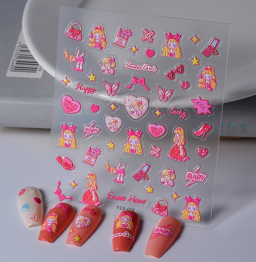 Sanrio Anime 5D Nail Stickers Hello Kitty Kurome Cartoon Stickers Nail Decoration Cute Melody Nail Art Decals Nail Art Supplies