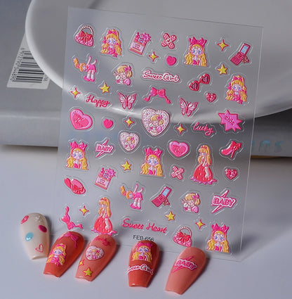 Sanrio Anime 5D Nail Stickers Hello Kitty Kurome Cartoon Stickers Nail Decoration Cute Melody Nail Art Decals Nail Art Supplies