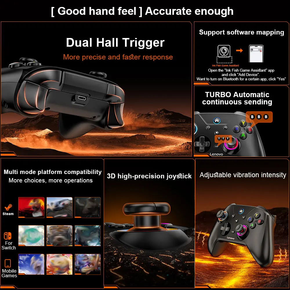Lenovo S02 Wireless Bluetooth Gaming Controller, Dual Hall Trigger Wireless Gamepad, For Switch, PC, Android, IOS, TV