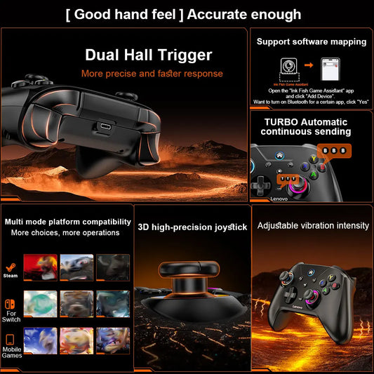 Lenovo S02 Wireless Bluetooth Gaming Controller, Dual Hall Trigger Wireless Gamepad, For Switch, PC, Android, IOS, TV