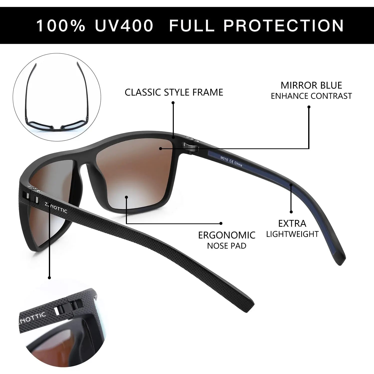 ZENOTTIC Polarized Sunglasses for Men Shades Lightweight TR90 Frame UV400 Protection Square Outdoor Travel Driving Sun Glasses