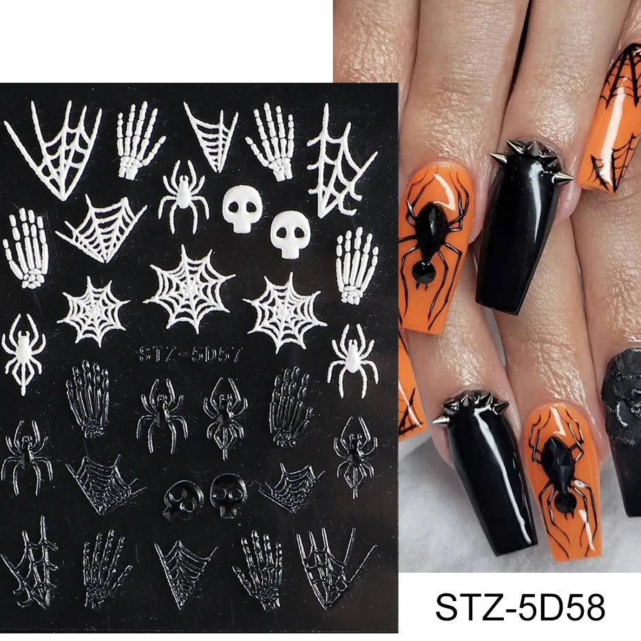 Cinturón negro 5D pegatinas en relieve gótico Halloween estilete calabaza calavera telaraña cremallera manicura uñas gel autoadhesivo decoración