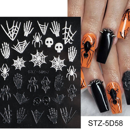 Cinturón negro 5D pegatinas en relieve gótico Halloween estilete calabaza calavera telaraña cremallera manicura uñas gel autoadhesivo decoración