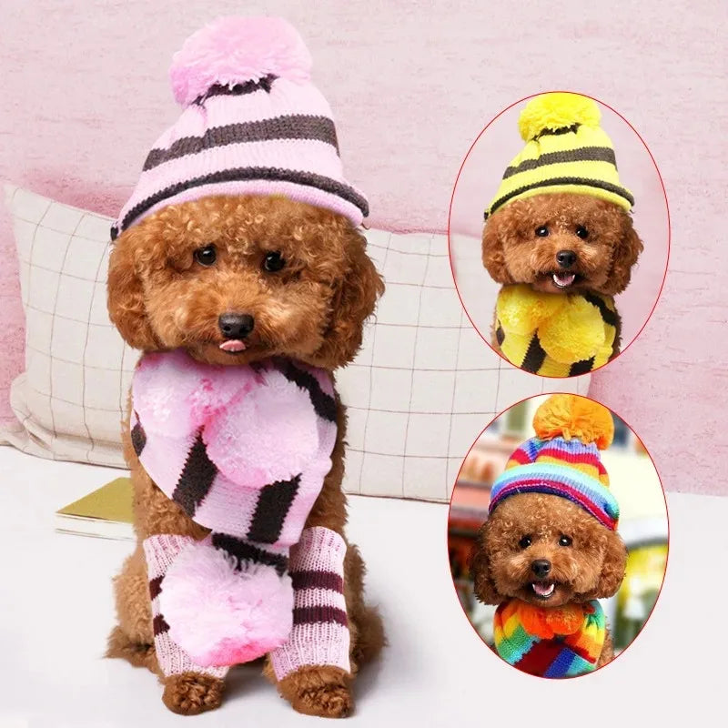 Dog Winter Wear 1 Set(hat+scarf+leg Warmers) Rainbow Stripe Knitted Dog Scarf Winter Warm Hat Footwear Sloves Pet Clothes