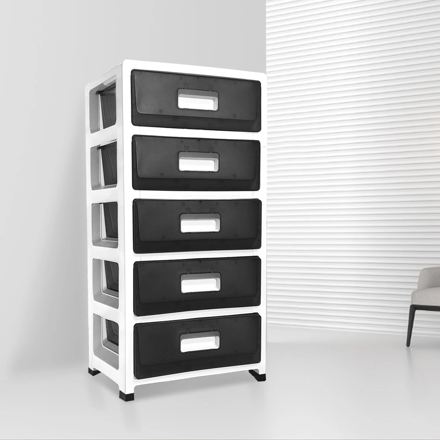 Plastic Storage Tower, Black, 5 Large Drawers with Casters