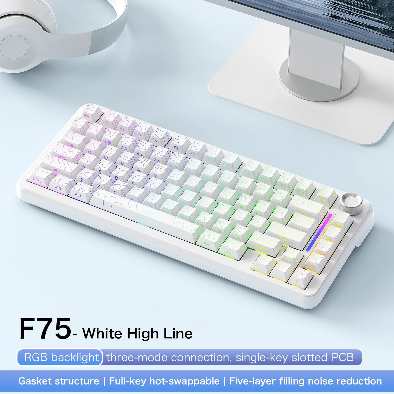 75% Hot-Swap Gaming Keyboard, Wireless FREEWOL F75 RGB Mechanical Keyboard with Metal Knobs, AULA F75 Same Model, Tri-Mode, 4000 mAh