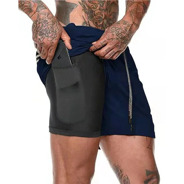 Men's Fitness Built-in Pocket Sports Shorts Summer 2 in 1 Quick Dry Gym Beach Shorts Running Double-decker Shorts Mesh Sweatpants 