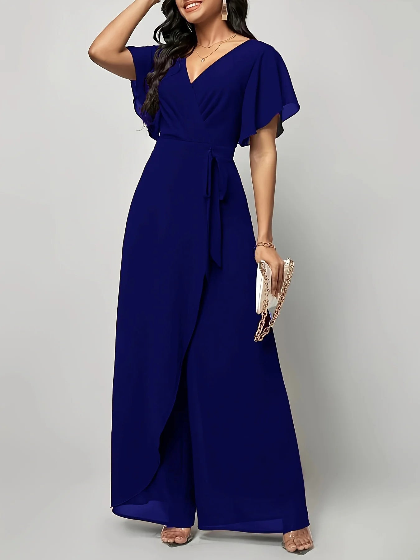 Women's New Solid V Neck Flutter Sleeve Tie Waist Split Wide Leg Jumpsuit Elegant Slimming Versatile Party Daily Casual Jumpsuit
