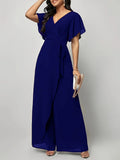 Women's New Solid V Neck Flutter Sleeve Tie Waist Split Wide Leg Jumpsuit Elegant Slimming Versatile Party Daily Casual Jumpsuit
