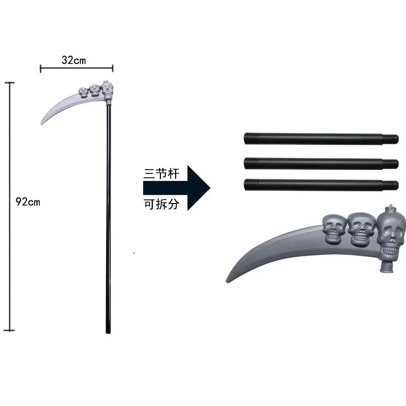 Halloween Death God Play Costume, Kids and Adults Horrible Skeleton Costume, Black Ghost Robe and Sickle, Enjoy Game Party