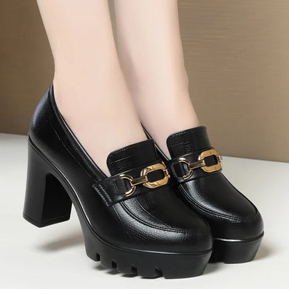 Zapato de piel suave negro para mujer, tacón de bloque 2024, plataforma gruesa, modelo oficina, trabajo, tacones altos de 6,5 cm y 8 cm, Grace