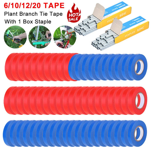 10/20 Pcs Plant Branch Tie Tape Hand Tying Binding Tools with 1 Box Staples for Garden Tying Machine Vegetable Fruit Tree Tapener