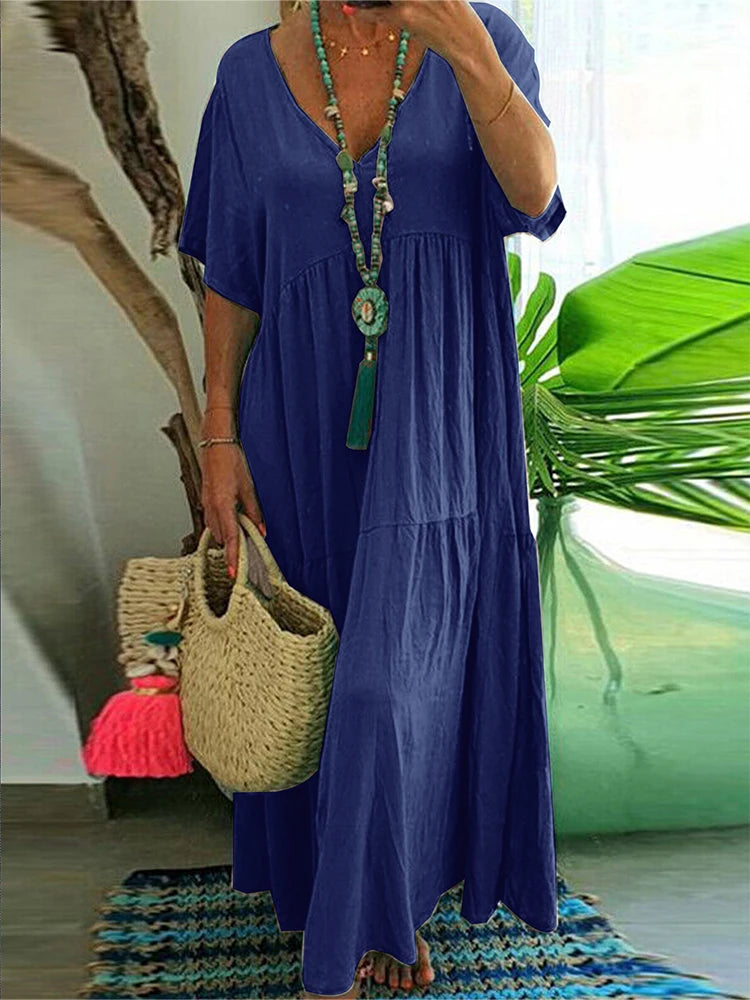 Plus Size 2025 Summer New V-neck Short Sleeve Pleated Solid Colour Loose Casual Midi Dress Basic Hem Pleated