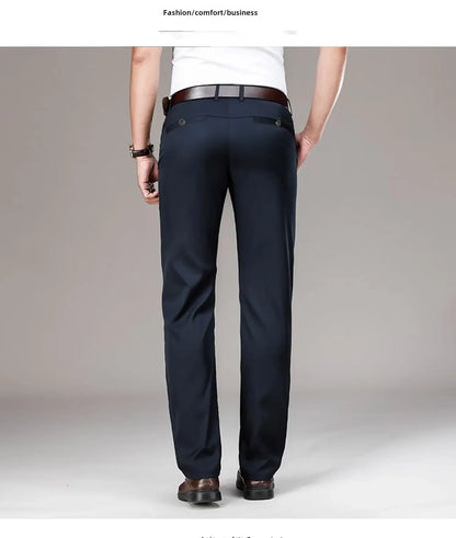 Pantalones casuales de seda helada para hombre, de negocios, formales, de verano, finos, rectos y holgados, para hombres de mediana edad.
