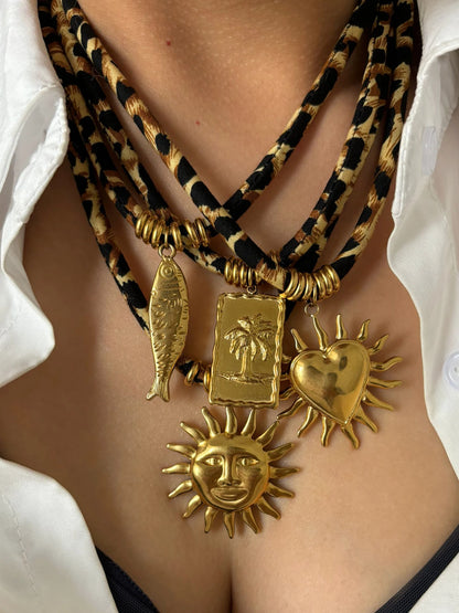 GHIDBK Europe and America Exaggerated Stainless Steel Heart Sun Pendant Necklace Vintage Trend Leopard Print Necklaces for Women