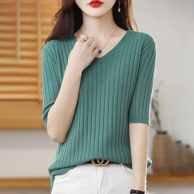 2023 New Spring Summer New Women's V-neck Short-Sleeved Exquisite Cashmere Knitted Sweater Pullover Solid Color
