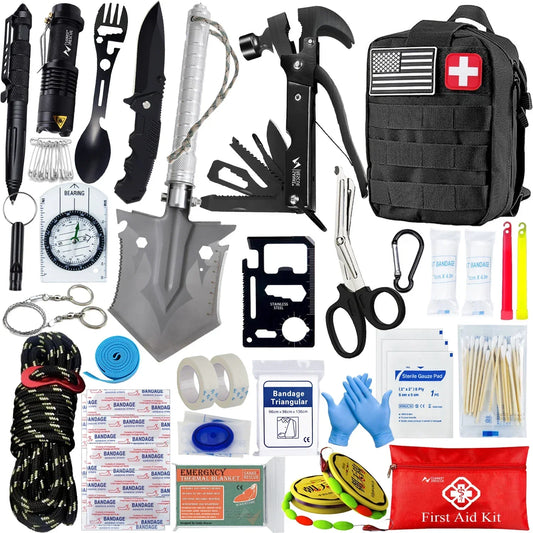 Kit de supervivencia y botiquín de primeros auxilios, equipo profesional de supervivencia con bolsa Molle para hombres, padres y esposos que disfrutan de acampar al aire libre.