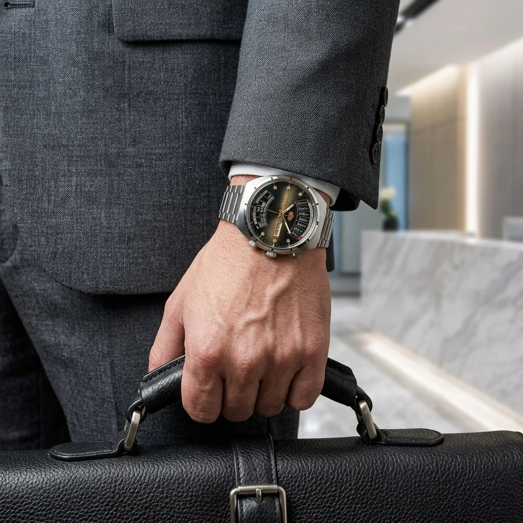 Relógio masculino automático vintage com calendário perpetuo em aço inoxidável
